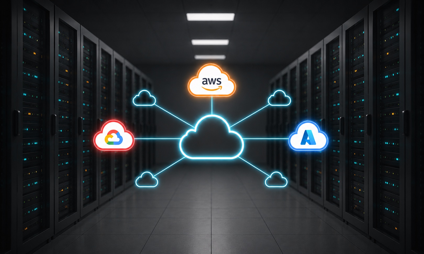 Schematische Darstellung einer Multicloud-Strategie mit mehreren vernetzten Cloud-Anbietern