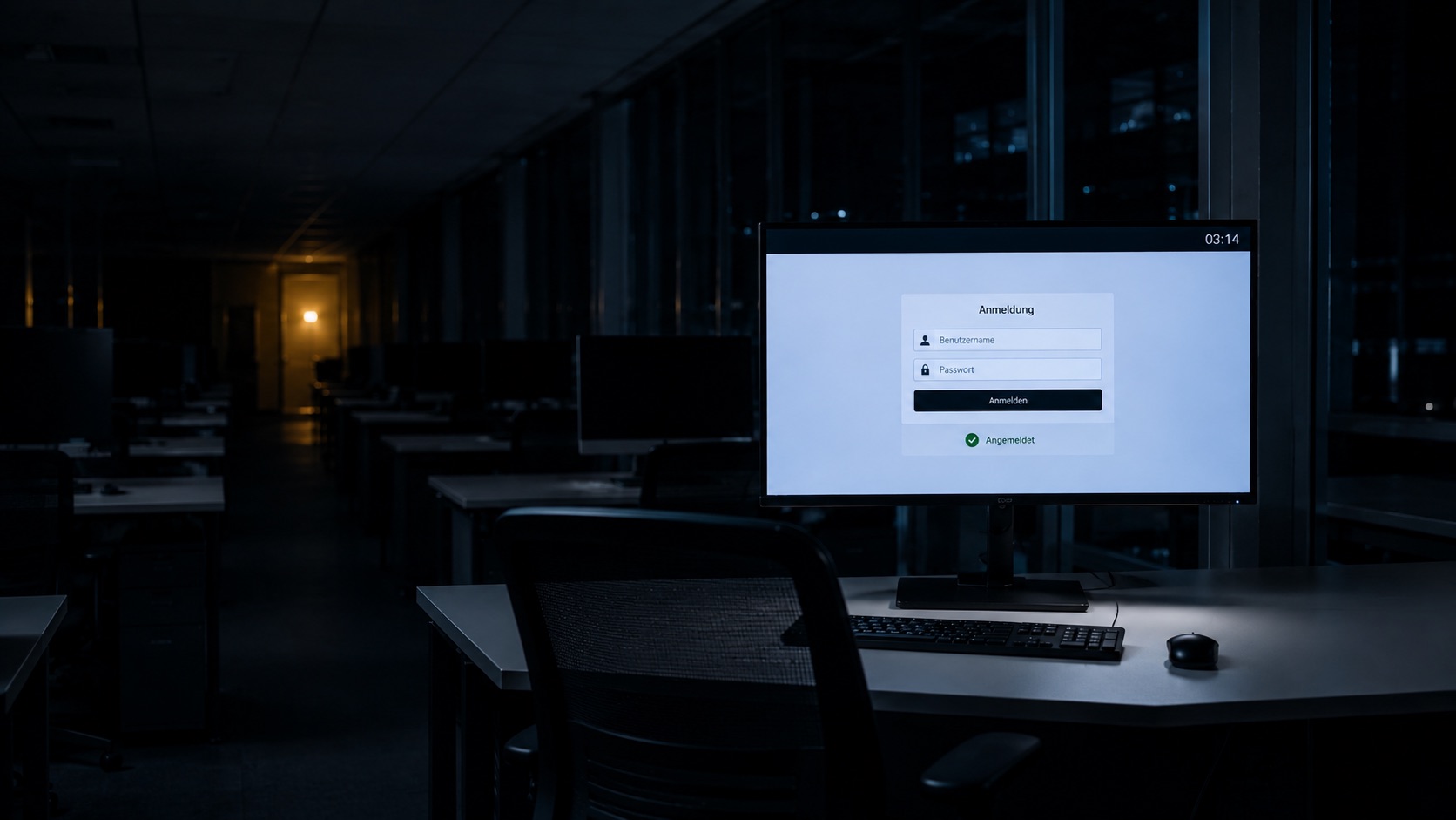 Leerer nächtlicher Büroarbeitsplatz mit Monitor: unauffällige, erfolgreiche Anmeldung um 03:14 Uhr ohne Warnsymbol – Symbolbild für Ransomware-Angriffe mit gestohlenen Zugangsdaten