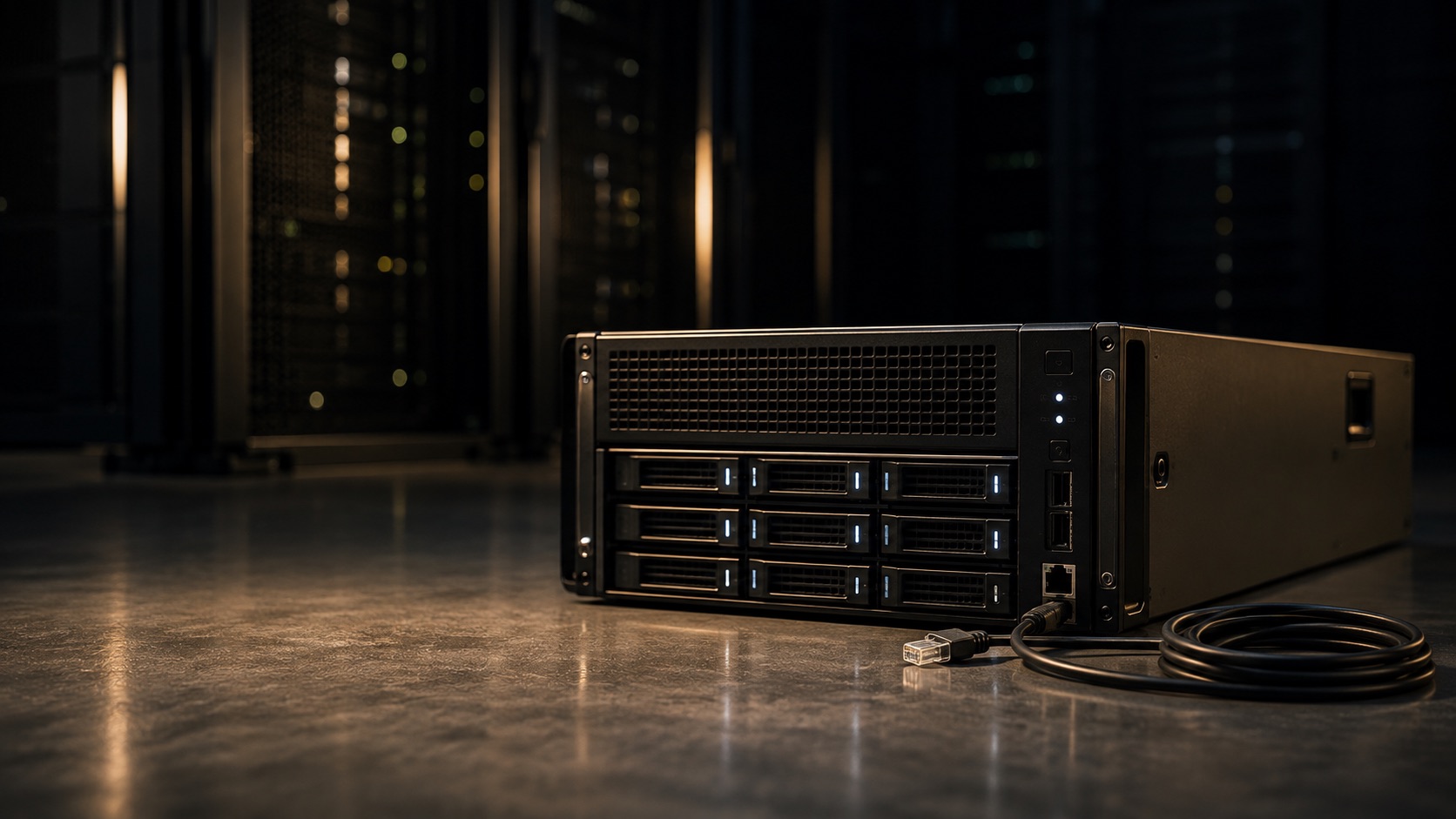 Physisch getrennte Backup-Appliance mit nicht angeschlossenem Netzwerkkabel im Rechenzentrum – Symbolbild für Air-Gap-Schutz und Immutable Backup gegen Ransomware wie Gunra