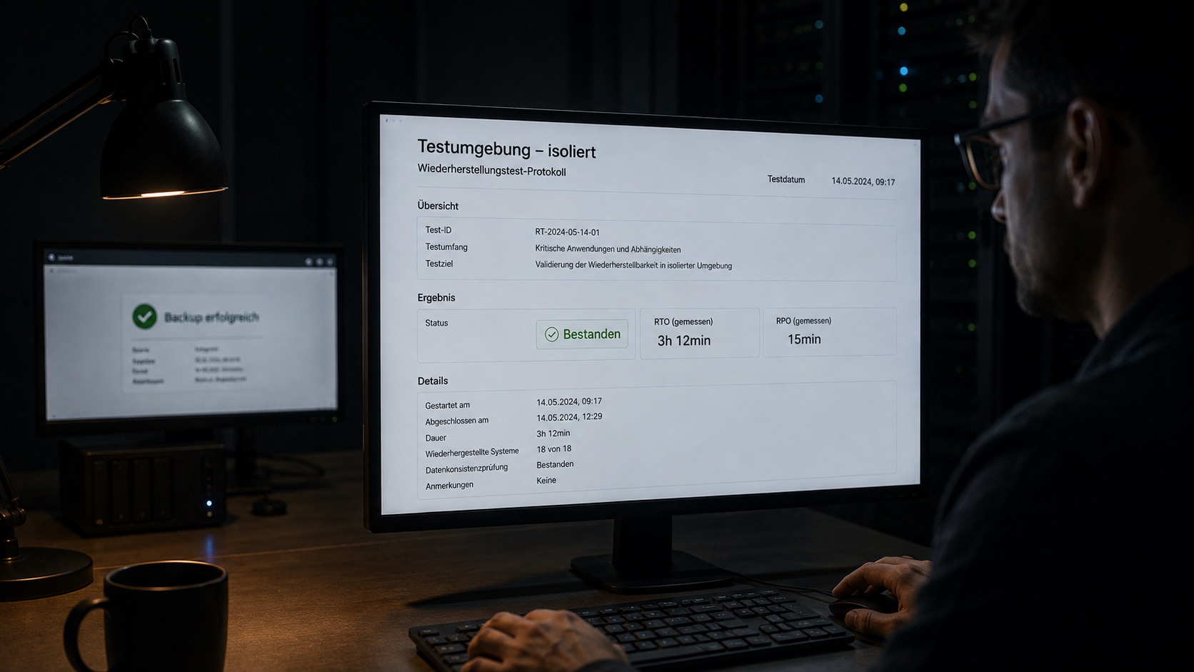 IT-Team prüft Wiederherstellbarkeit eines Backup-Systems anhand eines Recovery-Test-Checks