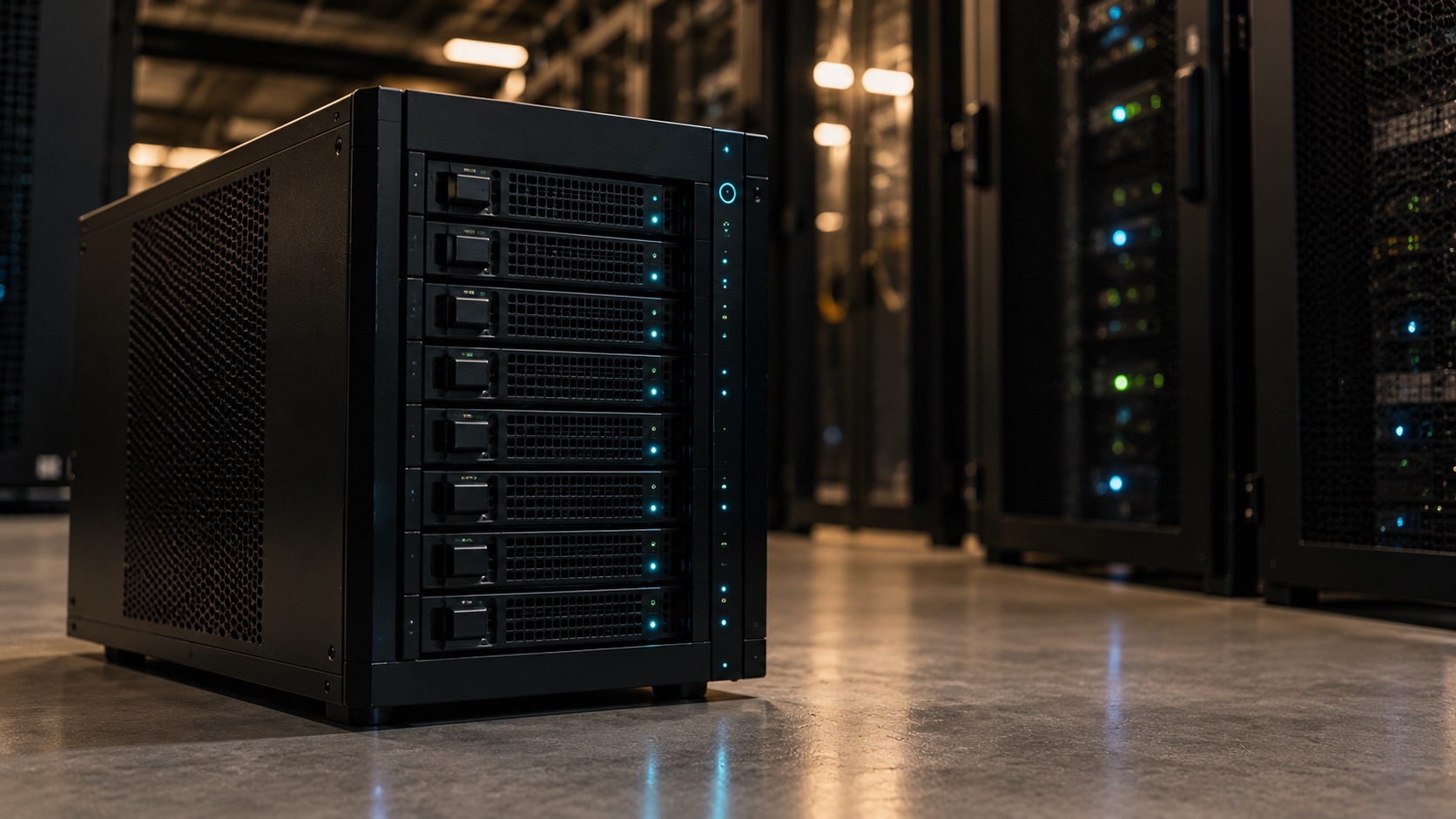 Freistehendes Backup-Storage-Gerät mit mehreren Laufwerksschächten in einem Rechenzentrum, Sinnbild für unveränderliche Backup-Architektur (Immutable Backup)