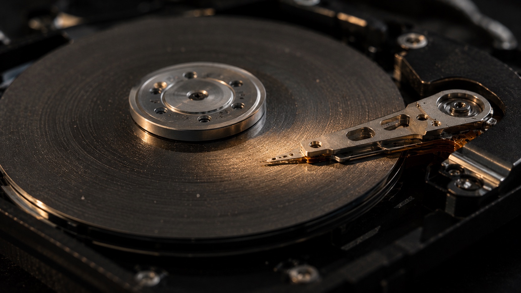 Geöffnete Festplatte mit sichtbarem Schreib-/Lesekopf als Symbolbild für Datenwiederherstellung und Backup-Sicherheit nach einem Ransomware-Angriff
