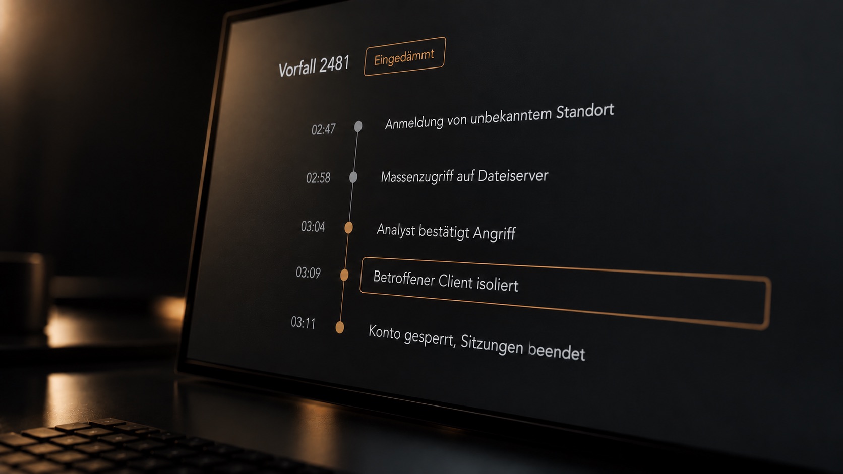 Managed SOC im Einsatz: Vorfall-Zeitleiste von der verdächtigen Anmeldung über die Bestätigung durch einen Analysten bis zur Isolierung des Clients und Sperrung des Kontos