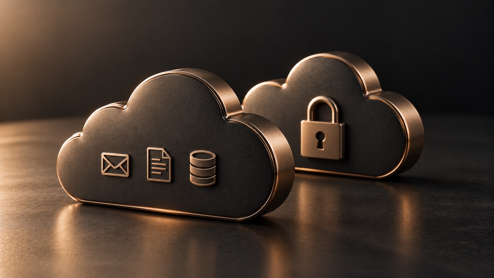 Zwei Cloud-Skulpturen: Eine Cloud mit E-Mail-, Dokument- und Datenbanksymbol steht vor einer getrennten, mit Schloss gesicherten Cloud als Symbol für Microsoft 365 Backup und SaaS-Sicherung