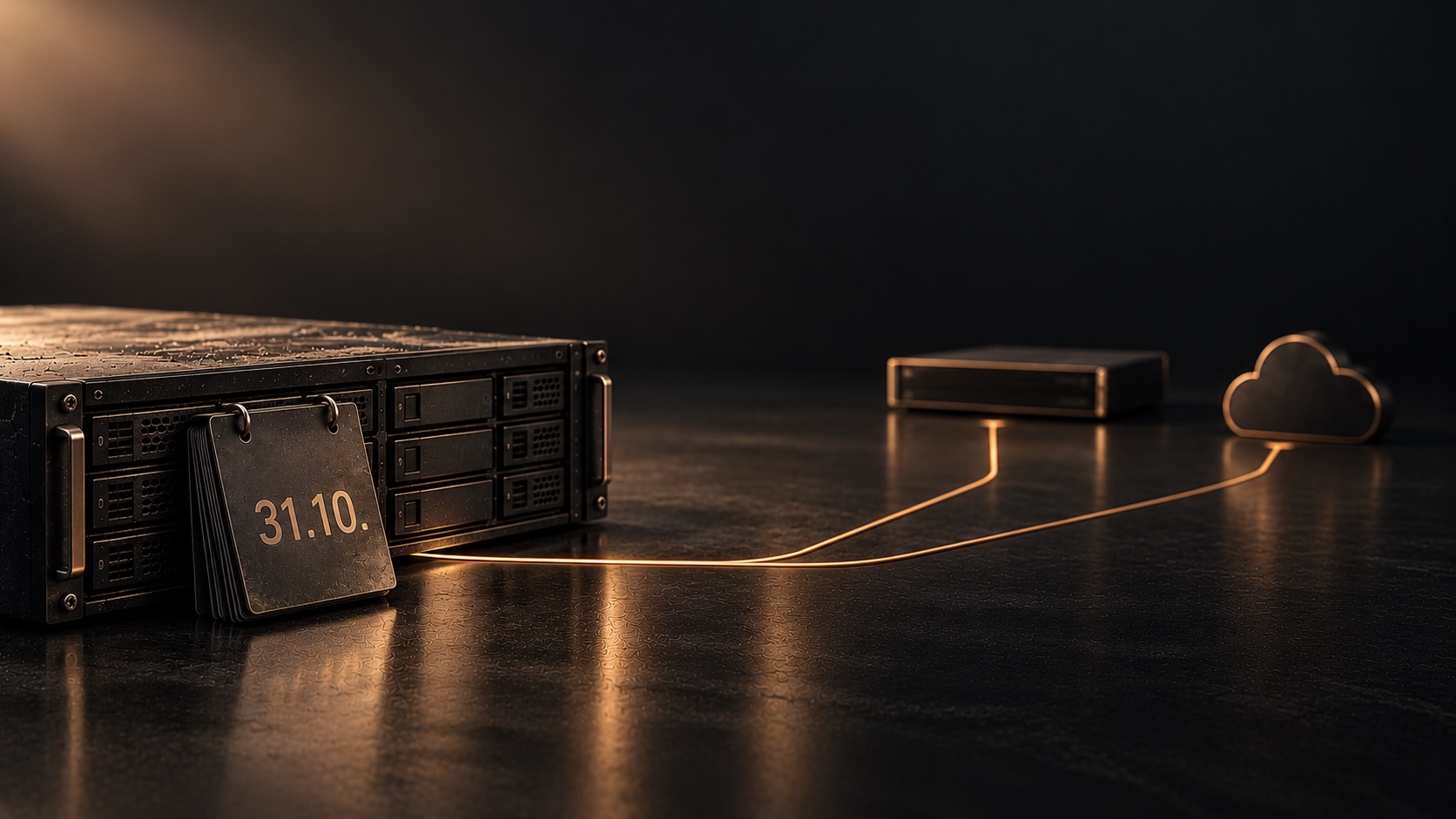 Ältere Backup-Appliance mit Kalenderblatt „31.10.“, bronzefarbene Lichtlinien führen zu einer neuen Appliance und einem Cloud-Symbol – Symbol für das Support-Ende der NetBackup 5340